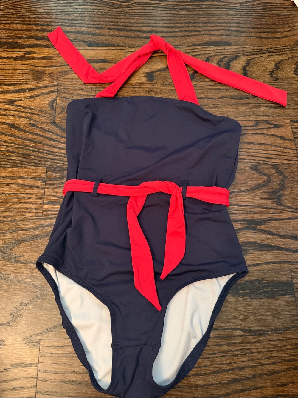 The Beaufort Bonnet Company Navy One-Piece Swimsuit with Red Halter Tie and Belt